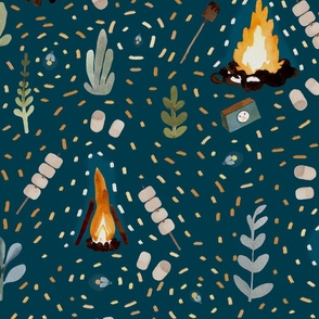 camping time -  Large Campfire and marshmallows over a blue background - playroom wallpaper - nursery decor