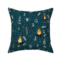 camping time -  Medium Campfire and marshmallows over a blue background - kids apparel - nursery decor