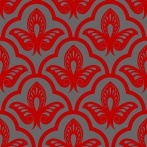 Ohio State colors - Art Deco Floral Damask - Scarlet on Gray 