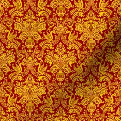 1910 Vintage Rococo Dragon and Vase Damask - U of Southern California colors - Yellow on Cardinal Red