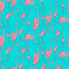 (LARGE) Pen and Ink Pink Flamingoes on turquoise background