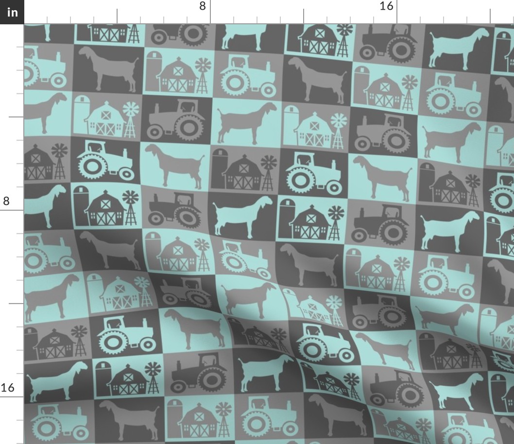 Nubian Show Goat - Farmhouse Theme with Tractor and Barn - Gray and Dark Aqua