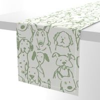 Doodle Dogs, True Sage Green Outline and Off White Background 12in x 24in repeat scale