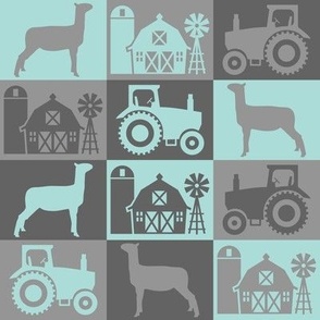 Show Lamb - Farmhouse Theme with Tractor and Barn - Gray and Dark Aqua