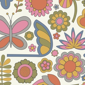 1970s Botanical in muted tones of green, orange, gray, pink, yellow, blue 