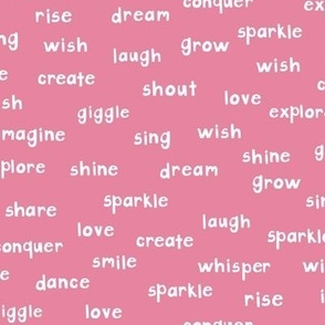 043 - Small scale lipstick pink hand drawn alphabet letters words of encouragement and affirmation, laugh, shout, love, smile, sparkle, dance for kids bedroom decor, nursery curtains and cot sheets, baby apparel, welcome baby crafts