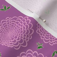 M Ditsy Floral Garden - Abstract Flower - Pink Peonies and Green Damask style leaves on Purple