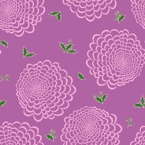 M Floral Garden - Abstract Flower - Pink Peonies and Green Damask style leaves on Purple