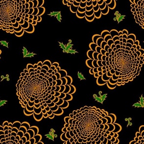 L Floral Garden - Abstract Flower - Orange Marigolds (Tagetes) with Green Damask style leaves and vines on Black