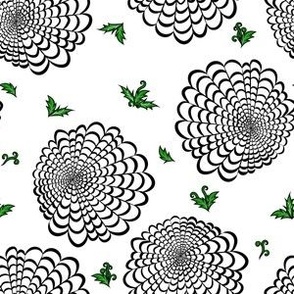 M Black and White Floral Garden - Abstract Flower - White Dandelion and Green Damask style leaves on White