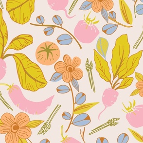 Garden Vegetables in a Flower Bed on Cream Background Pattern-pink, orange, greens