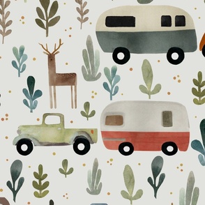 camping time - Large camping design with retro caravans and vintage trucks and cars going on a road trip - hand drawn in watercolors - nursery wallpaper - kids room decor