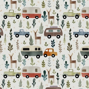 camping time - Medium camping design with retro caravans and vintage trucks and cars going on a road trip - hand drawn in watercolors - kids apparel - home decor