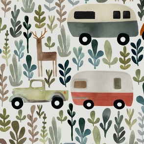 camping time - Large camping design with retro caravans and vintage trucks and cars - hand drawn in watercolors - nursery wallpaper - kids room decor