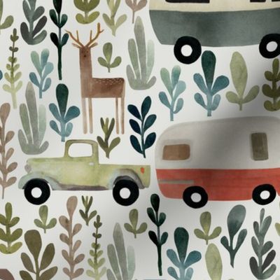camping time - Medium camping design with retro caravans and vintage trucks and cars - hand drawn in watercolors - kids apparel and home decor