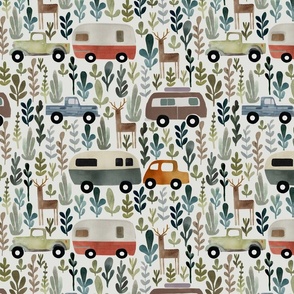 camping time - Medium camping design with retro caravans and vintage trucks and cars - hand drawn in watercolors - kids apparel and home decor