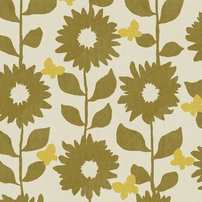 Sunflowers and Butterflies - Olive and Beige (Large Scale)