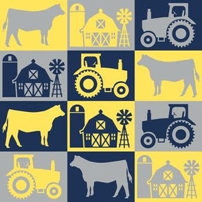 Show Heifer - Rural Farmhouse Theme with Tractor and Barn - Navy Blue, Yellow, Gray