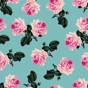 Scattered vintage roses vintage blue - extra large