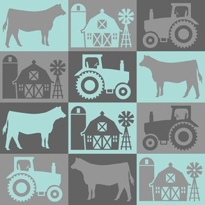 Show Steer - Farmhouse Theme with Tractor and Barn - Grays, Dark Aqua