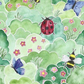 Green Garden Bush with Ladybug, Butterfly, Bee and Flower 