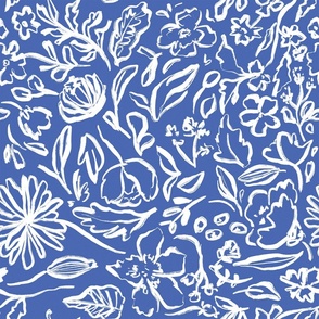 Blue and White Abstract Sketch Floral Botanical