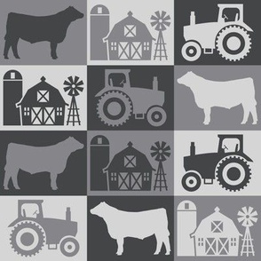 Show Steer - Rural Farmhouse Theme with Tractor and Barn - Black, Medium Gray, Light Gray