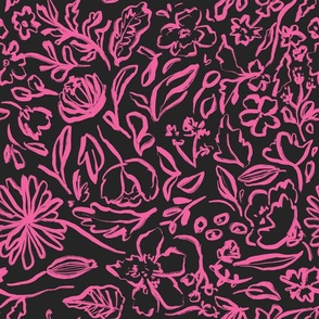 Black and Pink Abstract Sketch Floral Botanical