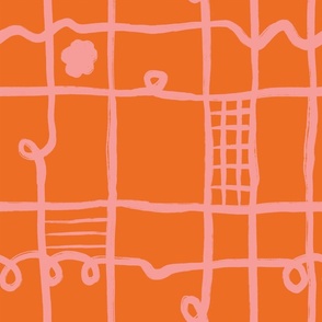 Orange and Pink Hand drawn Grid Plaid and Swirl