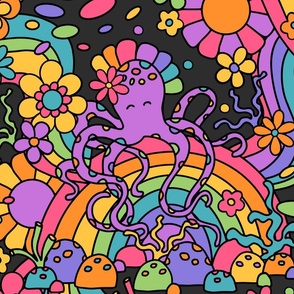 Octopus' Psychedelic Floral Garden Grey BG - XL Scale 