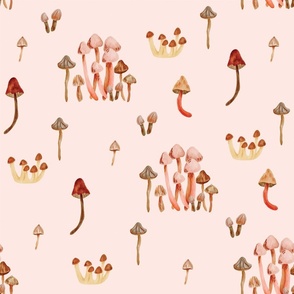 Pink Watercolor Autumn Forest Mushroom Fungi