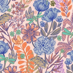 Wild flower garden bedding_pastel_trendy spring, light orange and purple_Large print.