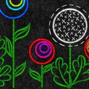Embroidered Flower Garden on Black Denim (Large Scale for Bedding, Wallpaper, Bags, and Home Decor)