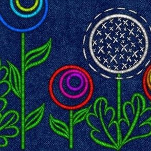 Embroidered Flower Garden on Dark Blue Denim (Large Scale for Bedding, Wallpaper, Bags, and Home Decor)