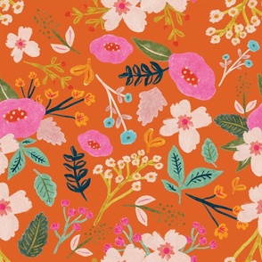 Orange Bold Maximalist Colorful Spring Floral Watercolor Gouache