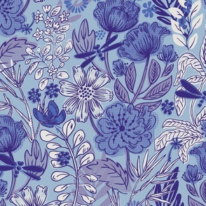 Wild flower garden bedding (poppies and dragonflies)_monochrome blue_Large print.