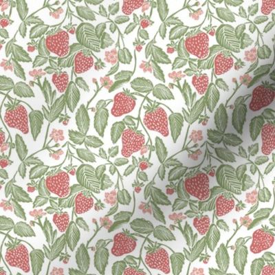 Country Cottage strawberry vines vintage block print in berry red, pink and sage green