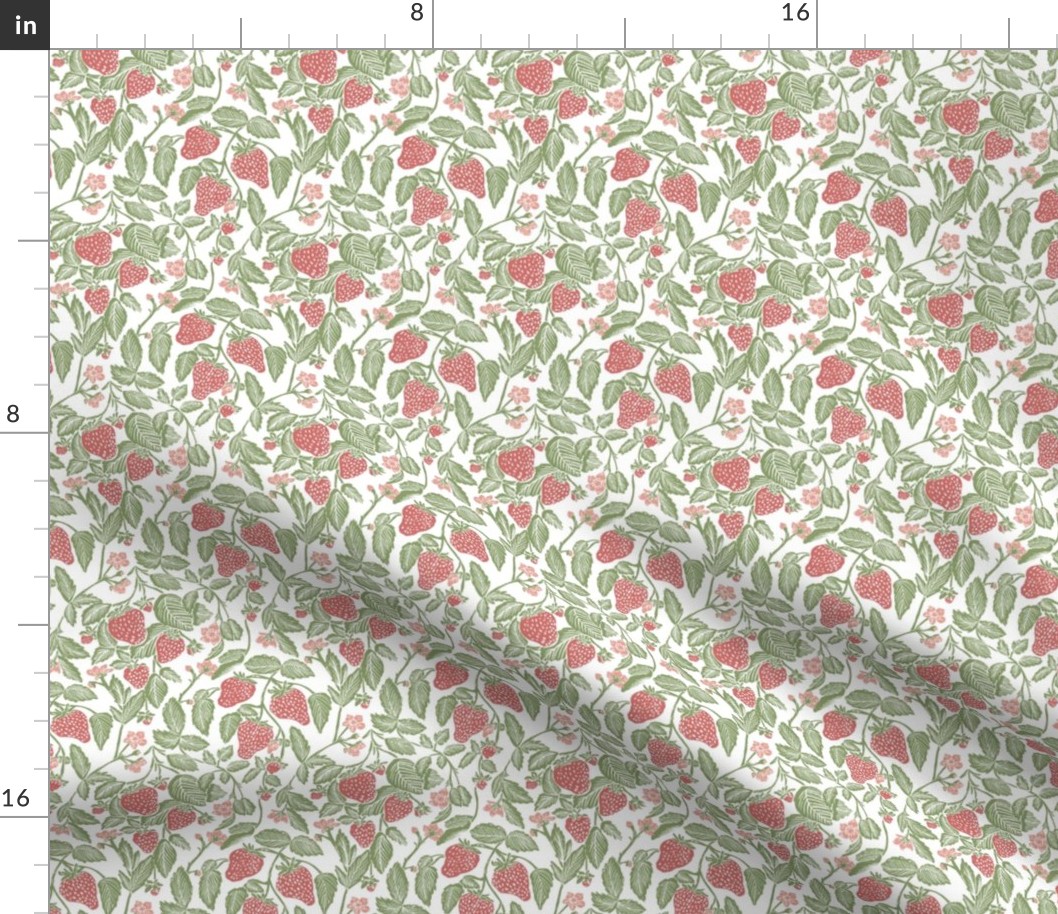 Country Cottage strawberry vines vintage block print in berry red, pink and sage green