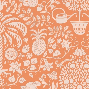 orange tree and palm garden damask on peach | large