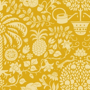 orange tree and palm garden damask on goldenrod | large