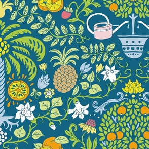 orange tree and palm garden damask on blue | large