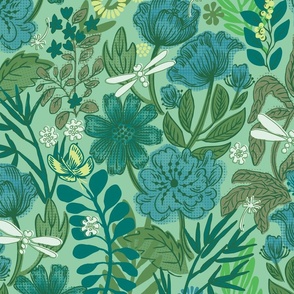 Wild flower garden bedding_blue and green_Large print for spring/summer.