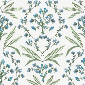 12" French florals damask and vine garland - blue green on off white linen
