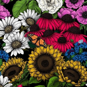 Garden bedding- Collection of various garden flowers- red roses, anemone, daisies, sunflowers, coneflowers amd cornflowers and butterflies, big size