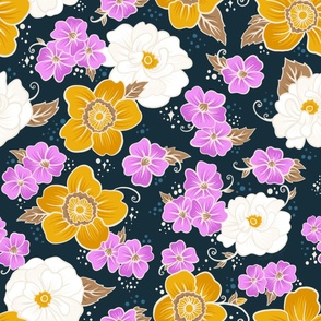 Magical Midnight Garden - Pink, Yellow, and White Flowers on Navy Blue