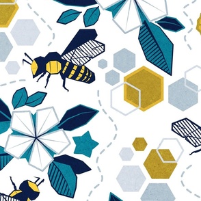 Large jumbo scale // Origami bee garden // white background geometric flowers yellow honey bees and hives 