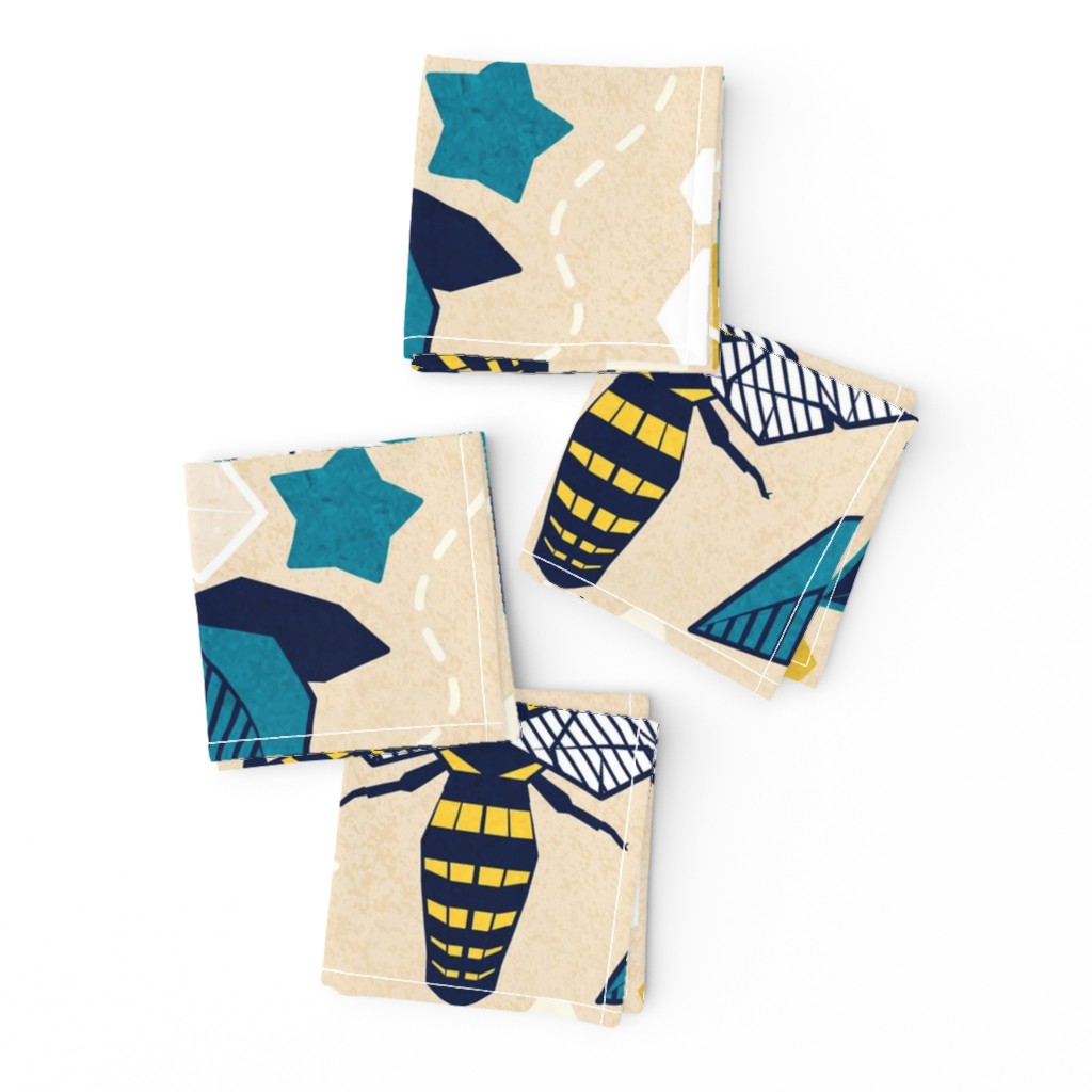 Large jumbo scale // Origami bee garden // ivory background geometric flowers yellow honey bees and hives 