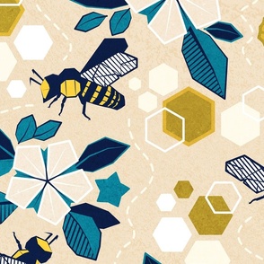 Large jumbo scale // Origami bee garden // ivory background geometric flowers yellow honey bees and hives 