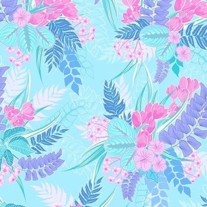 Tropical floral pastel turquoise pink and lilac orchid and leaves, smallest size for fabric and apparel
