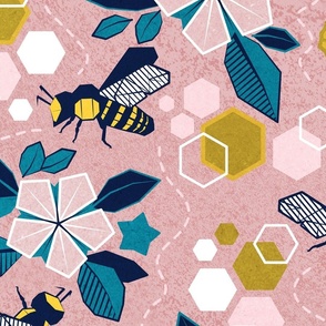 Large jumbo scale // Origami bee garden // blush pink background geometric flowers yellow honey bees and hives 